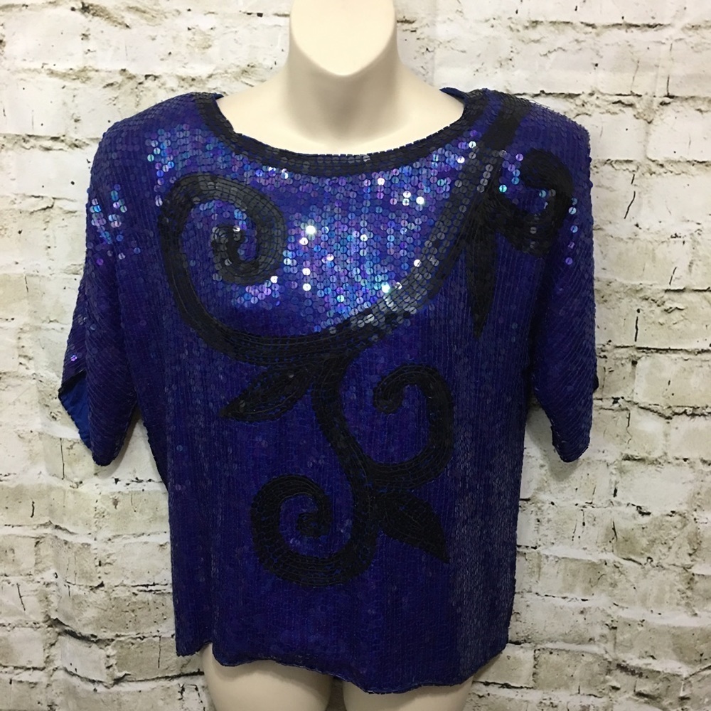 Vintage JLB Blue Black Sequin Printed Pure Silk Top